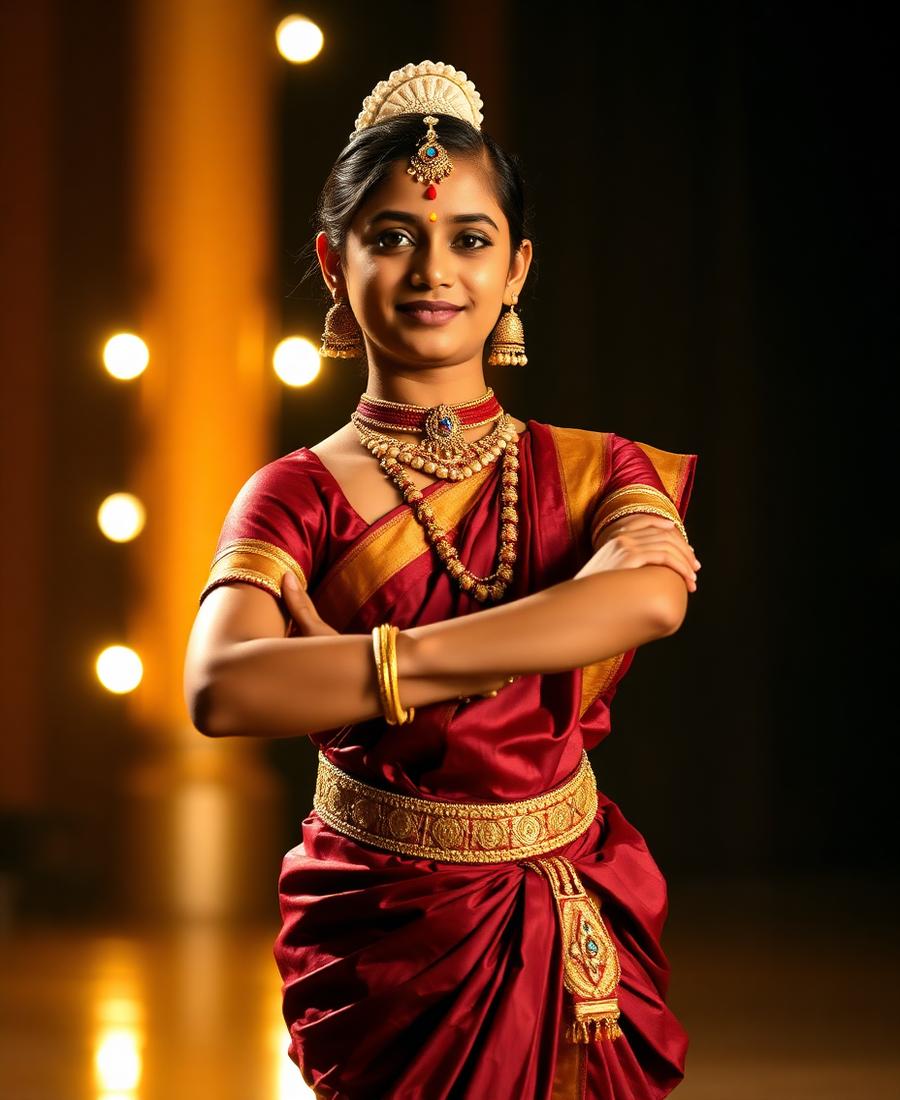 Dancer in an arangetram costume on stage